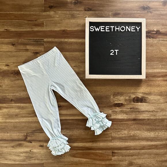 SweetHoney Nelly Leggings Mint Green Cream Stripe Ruffle Knit Pants 2T - Picture 1 of 6